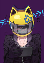  animal_helmet beamed_sixteenth_notes black_bodysuit blush bodysuit cellphone celty_sturluson commentary_request durarara!! female gloves helmet highres luo. motion_blur musical_note phone quarter_note smartphone solo upper_body 