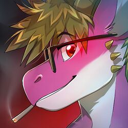  1:1 anthro black_background diandre dragon eyewear fur glasses gradient_background hair inner_ear_fluff looking_at_viewer low_res mythological_creature mythological_scalie mythology pink_body pink_fur red_background red_eyes scalie simple_background smoke smoking solo spikes spikes_(anatomy) tuft white_body white_fur 