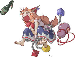  alcohol bad_id bad_pixiv_id barefoot bow chains commentary_request feet female gourd horns ibuki_suika long_hair open_mouth ribbon rodney_(melagal) sake saliva solo touhou 