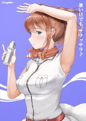  anchor arm_over_head armpits blue_eyes bottle breast_pocket brown_hair commentary_request curry_soba day dress female high_side_ponytail highres kantai_collection long_hair neckerchief pocket ponytail profile red_neckerchief saratoga_(kancolle) side_ponytail sidelocks sky solo translation_request upper_body white_dress 