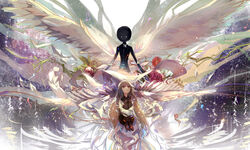  alice_(deemo) beamed_eighth_notes brown_hair commentary deemo deemo_(character) female flower highres instrument long_hair md5_mismatch musical_note pantyhose piano quarter_note rose school_uniform silhouette sishenfan sitting staff_(music) wings yubikiri_genman_(deemo) 