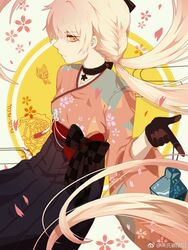  alternate_costume black_bow black_gloves black_hakama blonde_hair bow braid breasts choker closed_mouth female floating_hair floral_print girls&#039;_frontline gloves hairbow hakama hakama_skirt highres japanese_clothes kimono long_hair looking_at_viewer low_twintails obi official_alternate_costume orange_kimono ots-14_(flurry_of_petals)_(girls&#039;_frontline) ots-14_(girls&#039;_frontline) petals sash sidelocks skirt solo star_(symbol) star_choker tsurime twintails very_long_hair weibo_logo weibo_watermark yellow_eyes zhuge_zhuge_qian 