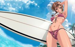  armpits ass_visible_through_thighs bikini bikini_tan bracelet braid breasts breasts_apart brown_hair cloud day female front-tie_top green_eyes hand_on_own_head happoubi_jin highres hip_bones jewelry kuouzumiaiginsusutakeizumonokamimeichoujin_mika large_breasts looking_at_viewer navel resized resort_boin self-upload skindentation sky smile solo surfboard swimsuit tan tanlines third-party_edit twin_braids upscaled 