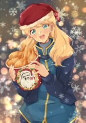  :d aqua_eyes blonde_hair blue_jacket blue_shirt blurry blush bokeh brand_name_imitation bucket_of_chicken chicken_(food) christmas commentary_request contrapposto cowboy_shot depth_of_field female food fried_chicken gundam gundam_narrative hat hato-as head_tilt high_collar holding holding_food jacket kfc long_hair long_sleeves looking_at_viewer night open_clothes open_jacket open_mouth outdoors rita_bernal santa_hat shirt smile snowflakes snowing solo swept_bangs teeth tunic upper_teeth_only 