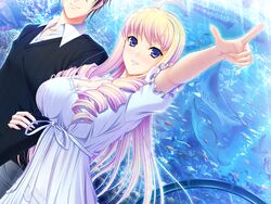  1boy aquarium bertille_althusser blonde_hair blue_eyes breasts dress drill_hair female fish game_cg highres komori_kei legs long_hair mizuno_takahiro twin_drills very_long_hair walkure_romanze walkure_romanze_more_&amp;_more 