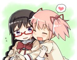  2girls akemi_homura bad_id bad_pixiv_id black_hair braid closed_eyes glasses hair_ribbon heart hug hug_from_behind kaname_madoka long_hair mahou_shoujo_madoka_magica mahou_shoujo_madoka_magica_(anime) mitakihara_school_uniform multiple_girls open_mouth pink_hair purple_eyes red-framed_eyewear ribbon school_uniform short_twintails smile spoken_heart twin_braids twintails yoplait 