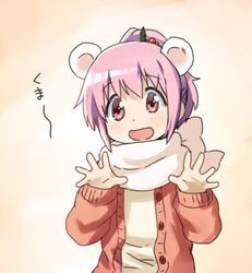  alternate_hairstyle animal_ears bad_id bad_pixiv_id bear_ears cardigan casual female kaname_madoka mahou_shoujo_madoka_magica mahou_shoujo_madoka_magica_(anime) open_mouth pink_eyes pink_hair ponytail scarf solo yoplait 