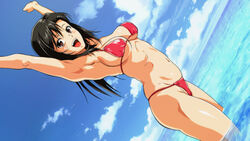  arms_up bikini black_hair blue_sky breasts brown_eyes cloud commentary_request day dutch_angle female long_hair looking_at_viewer medium_breasts navel nolia open_mouth original outdoors pink_bikini ribs shallow_water sky smile solo standing swimsuit teeth toned upper_teeth_only wading water 