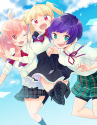  3girls :d ;d aqua_eyes araki_rena asari_toko bike_shorts blonde_hair boots commentary_request girl_sandwich holding_hands looking_at_viewer multiple_girls nishizono_honoka oerba_yun_fang one_eye_closed open_mouth pink_hair plaid plaid_skirt purple_hair red_eyes ribbon sandwiched school_uniform shorts shorts_under_skirt skirt smile thigh_boots thighhighs tokyo_7th_sisters twintails uesugi_u._kyouko 