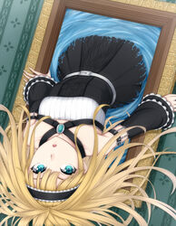  :o bad_id bad_pixiv_id belt blonde_hair blue_eyes chains detached_sleeves dress dutch_angle female gothic_lolita hairband heisei_yutorin lolita_fashion lolita_hairband long_hair looking_at_viewer open_mouth original painting_(object) picture_frame solo through_medium through_painting upside-down very_long_hair 