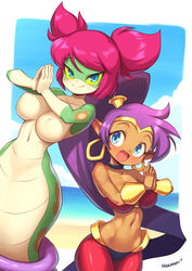  2girls :d absurdres artist_name beach bikini blue_eyes blue_sky breasts choker cloud colored_sclera colored_skin commentary covered_nipples dark-skinned_female dark_skin day earrings green_skin harem_pants highres hoop_earrings jewelry lamia long_hair looking_at_viewer medium_breasts monster_girl multicolored_skin multiple_girls navel nestkeeper no_nipples o-ring o-ring_bikini open_mouth outdoors own_hands_together pants pointy_ears ponytail purple_hair shantae shantae_(series) short_twintails sky smile snake swimsuit tuki_(shantae) twintails vambraces very_long_hair yellow_sclera 