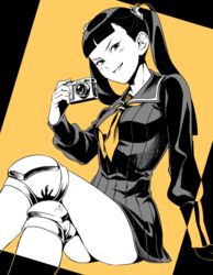  bad_id bad_pixiv_id black_hair blush camera female grin gyakuten_saiban knee_pads long_hair long_sleeves looking_at_viewer lotter75 myriam_scuttlebutt phoenix_wright:_ace_attorney_-_dual_destinies school_uniform serafuku smile solo spoilers spot_color themis_legal_academy_school_uniform twintails 