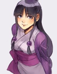  bad_id bad_pixiv_id black_hair blush female gyakuten_saiban hair_ornament half_updo japanese_clothes kimono long_hair looking_at_viewer lotter75 maya_fey purple_eyes smile solo 