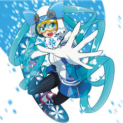  aqua_eyes aqua_hair black_pantyhose commentary_request female gloves goggles goggles_on_eyes hat hatsune_miku highres long_hair looking_at_viewer mythless open_mouth pantyhose photoshop_(medium) quin_tails ski_goggles smile snowboard solo very_long_hair vocaloid white_gloves yuki_ga_tokeru_mae_ni_(vocaloid) yuki_miku yuki_miku_(2016) 