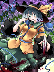  +_+ aiming aiming_at_viewer black_pantyhose blood blood_on_clothes blood_on_knife commentary female hat hat_ribbon highres knife komeiji_koishi long_sleeves mary-san open_mouth pantyhose parody phone ribbon rihito_(usazukin) shirt skirt solo third_eye touhou wide_sleeves 