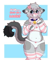  2025 absurd_res anthro arm_warmers armwear artistic_dot bashful bell bell_collar blep blue_collar blue_eyes blush bottomwear bow_ribbon clothed clothing collar crop_top digital_media_(artwork) dipstick_ears dipstick_fingers dipstick_tail domestic_cat ear_markings egyptian_mau english_text eyewear felid feline felis femboy fur glasses gold_bell grey_body hair heart_symbol hi_res knock-kneed leg_warmers legwear male mammal markings midriff multicolored_ears nixuelle panties pink_nose ribbons shirt shorts shy side_eye simple_background smile solo spots spotted_markings tail tail_markings text thigh_highs tongue tongue_out topwear underwear whiskers 
