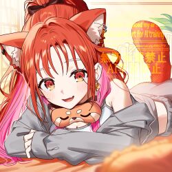  :d animal_ear_fluff blurry blurry_foreground blush breasts camisole cleavage depth_of_field ear_piercing earrings female grey_jacket grey_pants heart heart_earrings indoors jacket jewelry long_sleeves looking_at_viewer lying medium_breasts multicolored_hair nijisanji ninahachi oerba_yun_fang off_shoulder on_stomach open_clothes open_jacket pants piercing pink_hair ponytail puffy_long_sleeves puffy_sleeves ratna_petit red_eyes red_hair red_panda_ears red_panda_girl red_panda_tail sleeves_past_wrists smile solo two-tone_hair watermark white_camisole 