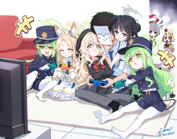  1boy 6+girls :&lt; :3 :d :o animal_ear_fluff animal_ears arata_(blue_archive) artist_name beret bird black_hair black_jacket black_sailor_collar black_serafuku black_skirt blonde_hair blue_archive blue_hat blue_shorts bow bowtie butterfly_hair_ornament buttons commentary_request controller cross_halo crossed_arms detached_sleeves doodle_sensei_(blue_archive) double-breasted double_bun dress ear_wreath eating extra_ears flower_wreath forehead fox_ears fox_girl game_controller gloves green_eyes green_halo grey_eyes grey_hair grey_halo hair_bun hair_ornament halo hat highres hikari_(blue_archive) holding holding_controller holding_game_controller hug hug_from_behind ima_(lm_ew) indian_style jacket japanese_clothes jitome kimono kisaki_(blue_archive) kneeling long_hair long_sleeves looking_at_another looking_at_viewer multiple_girls no_shoes nozomi_(blue_archive) oerba_yun_fang one_eye_closed outstretched_arms pantyhose parted_lips peaked_cap pleated_skirt professor_niyaniya_(blue_archive) red_bow red_bowtie red_eyes red_halo sailor_collar school_uniform seia_(blue_archive) sensei_(blue_archive) serafuku shorts shuro_(blue_archive) signature sitting skin_fang skirt sleeveless sleeveless_dress sleeves_past_fingers sleeves_past_wrists smile smug tit_(bird) twitter_username v-shaped_eyebrows white_dress white_gloves white_pantyhose yellow_eyes yellow_halo yellow_kimono 