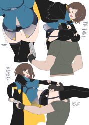  absurdres alice_gunlock black_thighhighs blue_jacket brown_hair closed_eyes fav_faris gun highres jacket midriff midriff_peek mixed-sex_combat original scissorhold short_hair shorts thighhighs thighs weapon 