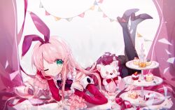 ;) absurdres animal_ears arcaea bare_shoulders black_boots black_bow black_bowtie black_hairband black_pantyhose boots bow bowtie breasts bunting chinese_commentary commentary_request cupcake curtains dessert detached_collar elbow_rest fake_animal_ears feet_up female food full_body green_eyes hairband hand_on_own_cheek hand_on_own_face highres kou_(arcaea) lace-up_boots long_sleeves lying medium_breasts on_stomach one_eye_closed pantyhose pink_hair pleated_skirt rabbit_ears red_shirt red_skirt shio_0585 shirt skirt sleeves_past_fingers sleeves_past_wrists smile solo stuffed_animal stuffed_toy teddy_bear the_pose thigh_boots tiered_tray white_background 