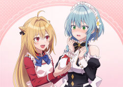  2girls ahoge bare_shoulders blonde_hair blue_bow blue_bowtie blue_hair blush bob_cut bow bowtie breasts clenched_hand cone_hair_bun detached_sleeves green_eyes hair_between_eyes hair_bun hikikomari_kyuuketsuki_no_monmon jacket large_breasts long_hair long_sleeves maid maid_headdress multiple_girls oerba_yun_fang open_mouth puffy_sleeves red_eyes red_jacket shitaya_tomoyuki short_hair sidelocks simple_background terakomari_gandezblood upper_body valentine villhaze wrist_cuffs 
