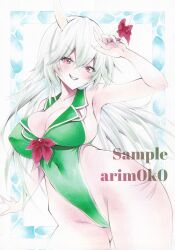  adapted_costume arim0k0 artist_name blush bow breasts cleavage collarbone commentary covered_navel covered_nipples cowboy_shot ex-keine female fingernails green_hair green_one-piece_swimsuit groin highres horn_bow horn_ornament horns kamishirasawa_keine large_breasts long_fingernails long_hair looking_at_viewer marker_(medium) one-piece_swimsuit red_bow red_eyes sample_watermark smile solo swimsuit touhou traditional_media v-shaped_eyebrows watermark 