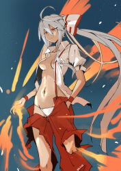  absurdres bow breasts collared_shirt female fire fujiwara_no_mokou hairbow hand_in_pocket highres kakaricho_dairi long_hair medium_breasts midriff navel open_clothes open_shirt orange_eyes outdoors panties pants ponytail pyrokinesis red_bow red_pants red_suspenders shirt short_sleeves solo stomach torn_clothes torn_pants torn_shirt touhou two-tone_bow underwear white_bow white_panties 
