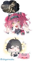  2girls absurdres bad_id bad_twitter_id black_bow black_hair blush bow claw_pose collar commentary earrings female_rover_(wuthering_waves) fingernails flying_sweatdrops hairband hairbow headgear highres jewelry long_fingernails long_hair looking_at_viewer lupa_(wuthering_waves) metal_collar metal_hairband multiple_girls objectification open_mouth pink_hair red_pupils rover_(wuthering_waves) screenshot_inset sharp_fingernails sharp_teeth shigureszku simple_background teeth twitter_username white_background wuthering_waves yellow_eyes 