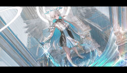  absurdres bare_legs bare_shoulders black_collar black_dress blonde_hair blue_eyes blue_hair breasts collar commentary crown_of_thorns dress earrings english_commentary female fleurdelys_(wuthering_waves) floating_earrings highres holding holding_sword holding_weapon horns huge_breasts jewelry legs letterboxed long_hair long_horns pointy_ears sidelocks single_horn solo standing sword tabard tacet_mark_(wuthering_waves) tyhaya very_long_hair weapon white_tabard wuthering_waves yellow_horns 