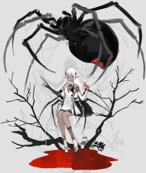  1other arthropod_limbs bare_tree bleeding blood bug colored_extremities dress drop_shadow elbow_gloves entangled extra_eyes extra_legs female fingerless_gloves full_body gloves halterneck highres horns leg_belt long_hair original pool_of_blood red_eyes red_hands sandals short_dress silk socks spider spider_web tree very_long_hair white_dress white_hair white_socks yoimon 