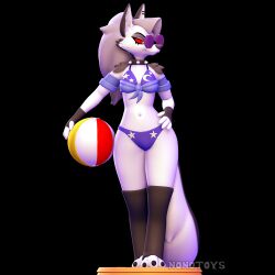  1:1 3d_(artwork) 3d_modeling 3d_print anthro ball beach beach_ball bikini clothing collar digital_media_(artwork) ear_piercing female footwear grey_hair hair hand_on_hip hellaverse helluva_boss hi_res inflatable loona_(helluva_boss) lowered_tail nonotoys piercing red_eyes simple_background smile socks solo spiked_collar spikes standing sungalsses swimwear two-piece_swimsuit white_body 