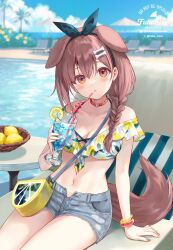  alternate_costume arm_support bag bangle belt_collar bikini blurry blurry_background bone_hair_ornament bow_hairband bracelet braid breasts brown_eyes brown_hair chair cleavage collar collarbone commentary cup cutoffs day denim denim_shorts dog_girl dog_tail double-parted_bangs drinking_glass female food food_print frilled_bikini frills fruit fruit_print fukahire_(ruinon) hair_ornament hairband halterneck highres holding holding_cup hololive inugami_korone jewelry lemon lemon_print lemon_slice light_blush long_hair looking_at_viewer lounge_chair medium_breasts multicolored_nails navel open_fly outdoors parted_lips pool red_nails short_shorts shorts shoulder_bag side_braid single_braid sitting solo stomach swimsuit symbol-only_commentary tail thighs torn_clothes torn_shorts two-tone_nails virtual_youtuber watermark yellow_nails 