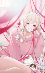  absurdres blonde_hair blue_ribbon blush bottle bow box bra_strap breasts chinese_commentary chocolate commentary dress drink eyelashes feet_out_of_frame female flower glass_bottle goddess_of_victory:_nikke grin hair_intakes hair_ornament hair_over_shoulder hairclip heart-shaped_box highres holding holding_ribbon indoors knees_up large_breasts long_hair looking_at_viewer lying nail_art off-shoulder_sweater off_shoulder on_bed on_side pillow pink_sweater reclining red_eyes red_ribbon ribbon sleeves_past_wrists smile solo sweater sweater_dress tia_(nikke) valentine white_bow white_flower willow_(user_xagu3384) 