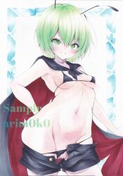  antennae arim0k0 artist_name bikini black_bikini black_cape black_shorts blush breasts cape closed_mouth commentary cowboy_shot female green_eyes green_hair groin highres looking_at_viewer marker_(medium) micro_bikini navel red_cape sample_watermark short_hair shorts small_breasts smile solo swimsuit touhou traditional_media two-sided_cape two-sided_fabric watermark wriggle_nightbug 