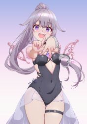  :d absurdres bare_arms bare_shoulders black_collar black_one-piece_swimsuit breasts chest_jewel collar commentary covered_navel cowboy_shot cuffs detached_wings english_commentary female gradient_background grey_hair handcuffs highres hololive hololive_english holonatsu_paradise jewel_under_eye koseki_bijou koseki_bijou_(holonatsu_paradise) light_blush long_hair looking_at_viewer metal_wings nail_polish o-ring_collar official_alternate_costume official_alternate_hairstyle one-piece_swimsuit open_mouth p-nekoe pink_nails ponytail purple_background purple_eyes small_breasts smile solo swimsuit teeth thigh_gap thigh_strap upper_teeth_only v very_long_hair virtual_youtuber white_background wings 