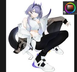 :| art_program_in_frame belt black_leggings blue_eyes camouflage closed_mouth elbow_on_knee fake_antlers female full_body hair_over_one_eye hair_over_shoulder halterneck highres jacket jacket_partially_removed knees_up leaning_back leggings looking_at_viewer low_ponytail original pillarboxed ponytail purple_hair see-through_clothes see-through_sleeves shirt shoes simple_background sitting skirt sneakers solo stomach tail white_background white_shirt white_skirt yoimon 