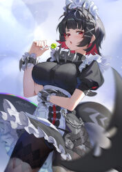  apron black_dress black_hair blush breasts brown_pantyhose candy collar colored_inner_hair dress ellen_joe female fins fish_tail food hairband highres large_breasts lollipop looking_at_viewer maid maid_apron maid_headdress metal_collar metal_hairband multicolored_hair open_mouth pantyhose pink_hair puffy_short_sleeves puffy_sleeves raijuu_(bakanara) red_eyes shark_girl shark_tail short_hair short_sleeves solo spiked_headband tail thighs waist_apron white_apron wrist_cuffs zenless_zone_zero 