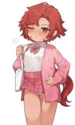  absurdres bag blush bow bowtie breasts cardigan closed_mouth collared_shirt commentary_request commission ear_piercing female freehoney hand_on_own_hip highres long_hair long_sleeves loose_bowtie miniskirt one_eye_closed open_cardigan open_clothes original paid_reward_available panties pantyshot piercing pink_bow pink_bowtie pink_cardigan pink_skirt pixiv_commission pleated_skirt ponytail puff_of_air red_eyes red_hair shirt shoulder_bag simple_background skirt sleeves_past_wrists small_breasts solo underwear white_background white_bag white_panties white_shirt 