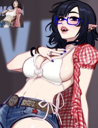  artist_name belt black_hair blue-framed_eyewear blue_eyes blue_nails blurry blushyspicy bracelet breasts character_name choker cleavage commentary cosplay depth_of_field earrings english_commentary fangs female gingham glasses highres jewelry kwon_eun-bi kwon_eun-bi_(cosplay) large_breasts medium_hair midriff mole mole_under_eye multiple_earrings nail_polish navel office_workers_(blushyspicy) open_mouth pointy_ears reference_inset semi-rimless_eyewear short_sleeves shorts solo star_(symbol) under-rim_eyewear vampire vivian_seong_(blushyspicy) 