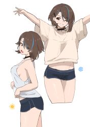 absurdres alice_gunlock arms_up black_choker black_shorts blue_hair blue_shirt blush breasts brown_eyes brown_hair choker clothes_lift cowboy_shot cropped_legs dolphin_shorts eyes_visible_through_hair fav_faris female from_side grey_sweater grin hair_ornament hairclip highres lifting_own_clothes looking_back looking_to_the_side medium_breasts medium_hair midriff midriff_peek multicolored_hair multiple_views navel one_eye_closed open_mouth original shirt shirt_lift short_shorts shorts sideboob smile snowflake_symbol streaked_hair sun_symbol sweater thighs 