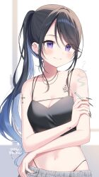 absurdres bare_shoulders black_hair black_tank_top blue_hair blush breasts cigarette cleavage closed_mouth female fingernails highres holding holding_cigarette jewelry long_fingernails long_hair looking_at_viewer medium_breasts midriff navel necklace original pants panty_straps ponytail purple_eyes shiino_sera smile solo tank_top tattoo 