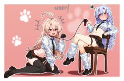  +++ 2girls :d ahoge bakasp-lilzy belt black_gloves black_necktie black_skirt blonde_hair blue_hair blush border breasts brown_belt brown_shoes closed_mouth collared_shirt commentary cropped_shirt double-parted_bangs english_commentary full_body gloves hair_between_eyes highres holding holding_leash leash long_hair long_sleeves loose_socks midriff multiple_girls navel necktie open_mouth original outline outside_border pet_play pleated_skirt red_background red_eyes shirt shoes sitting skirt smile socks squiggle underboob white_border white_outline white_shirt white_socks 