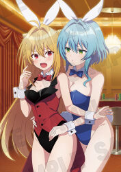  2girls :o ahoge animal_ear_hairband animal_ears anime_coloring bare_shoulders black_leotard blonde_hair blue_bow blue_bowtie blue_leotard blush bow bowtie breasts cleavage collarbone cone_hair_bun cowboy_shot fake_animal_ears fake_tail green_eyes hair_between_eyes hair_bun hairband highleg highleg_leotard hikikomari_kyuuketsuki_no_monmon large_breasts leotard long_hair multiple_girls open_mouth playboy_bunny rabbit_ear_hairband rabbit_ears rabbit_tail red_bow red_bowtie red_eyes sample_watermark shitaya_tomoyuki small_breasts tail terakomari_gandezblood thighs villhaze watermark white_wrist_cuffs wrist_cuffs 