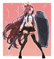  bakasp-lilzy belt black_gloves black_necktie black_shoes black_skirt black_thighhighs blush border breasts brown_belt closed_mouth collared_shirt commentary crop_top cropped_shirt english_commentary female full_body gloves gradient_background half_gloves highres holding holding_shield holding_weapon long_hair long_sleeves looking_to_the_side midriff miniskirt navel necktie original outline outside_border parted_bangs pleated_skirt red_background red_eyes red_hair shield shirt shoes skindentation skirt small_breasts solo standing thigh_strap thighhighs very_long_hair weapon white_border white_outline white_shirt 