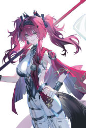  absurdres armor black_bow bodysuit bow breastplate breasts collar commentary cowboy_shot echj female hair_ornament hairband hairbow hand_on_own_hip headgear highres holding holding_polearm holding_weapon large_breasts long_hair looking_at_viewer lupa_(wuthering_waves) metal_collar metal_hairband multiple_hair_bows parted_lips pink_hair polearm red_pupils red_sash sash simple_background smile solo symbol-only_commentary tacet_mark_(wuthering_waves) tail twintails weapon white_background white_bodysuit wolf_tail wuthering_waves yellow_eyes 