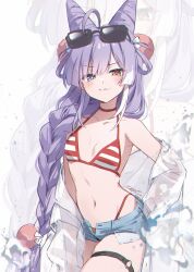  :3 ahoge armpits bare_shoulders bikini blue_eyes blue_shorts braid breasts choker closed_mouth collarbone cone_hair_bun cowboy_shot denim denim_shorts exposed_pocket eyewear_on_head female hair_bun hair_ornament hair_over_shoulder heterochromia highleg highleg_bikini highres ika_(4801055) long_hair looking_at_viewer micro_shorts navel off_shoulder open_clothes open_fly open_shirt pom_pom_(clothes) pom_pom_hair_ornament purple_hair red_bikini red_choker shirt shorts single_braid skindentation small_breasts smile solo stellive stomach string_bikini striped_bikini striped_clothes sunglasses swimsuit tenko_shibuki thigh_strap v-shaped_eyebrows very_long_hair virtual_youtuber water white_background white_shirt yellow_eyes zoom_layer 