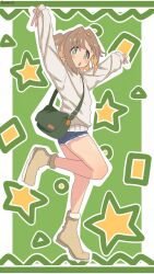  alternate_costume arms_up bag bambi2000line bare_legs blue_shorts blush boots brown_hair colored_inner_hair commentary_request cutoffs diamond-shaped_pupils diamond_(shape) double_v female full_body green_background green_eyes hair_intakes highres long_sleeves multicolored_hair oka_asahi onii-chan_wa_oshimai! orange_hair outline short_hair short_shorts shorts shoulder_bag simple_background sleeves_past_wrists solo standing standing_on_one_leg star_(symbol) symbol-shaped_pupils triangle_mouth two-tone_hair two_side_up v white_outline 
