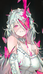  absurdres bare_shoulders black_background breasts bug butterfly choker cleavage clenched_teeth commentary detached_sleeves female full-length_zipper hair_over_one_eye headdress highres large_breasts long_hair long_sleeves looking_at_viewer mole mole_under_mouth original pink_eyes pink_liquid shirt simple_background sleeveless sleeveless_shirt solo teeth upper_body white_choker white_hair white_shirt ye_jji zipper zipper_pull_tab 