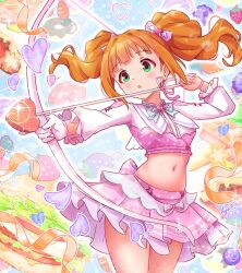  :o absurdres arrow_(projectile) blue_bow blue_bowtie blush bow bow_(weapon) bowtie burger carrot cowboy_shot cropped_shirt donut female floating_hair food fruit gloves grapes green_eyes hairbow hashtag-only_commentary heart highres holding holding_bow_(weapon) holding_weapon idolmaster idolmaster_(classic) idolmaster_million_live! idolmaster_million_live!_theater_days koaya layered_skirt long_sleeves looking_to_the_side midriff navel official_alternate_costume orange_hair pink_bow pink_skirt ribbon signature single_glove skirt solo sparkle standing strawberry takatsuki_yayoi twintails weapon white_gloves 