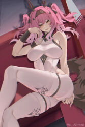  ang_lazypaint armlet artist_name ass bare_shoulders black_bow bodysuit boots bow breasts collar commentary couch female hair_ornament hairband hairbow hand_up headgear highres jewelry large_breasts long_hair looking_at_viewer lupa_(wuthering_waves) metal_collar metal_hairband multiple_hair_bows on_couch parted_lips pink_hair red_pupils sitting smile solo tail thigh_boots white_bodysuit white_boots wolf_tail wrist_guards wuthering_waves yellow_eyes 
